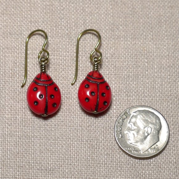 Hand Crafted Handmade Earrings Red Czech Glass Ladybug Earrings - Picture 3 of 5